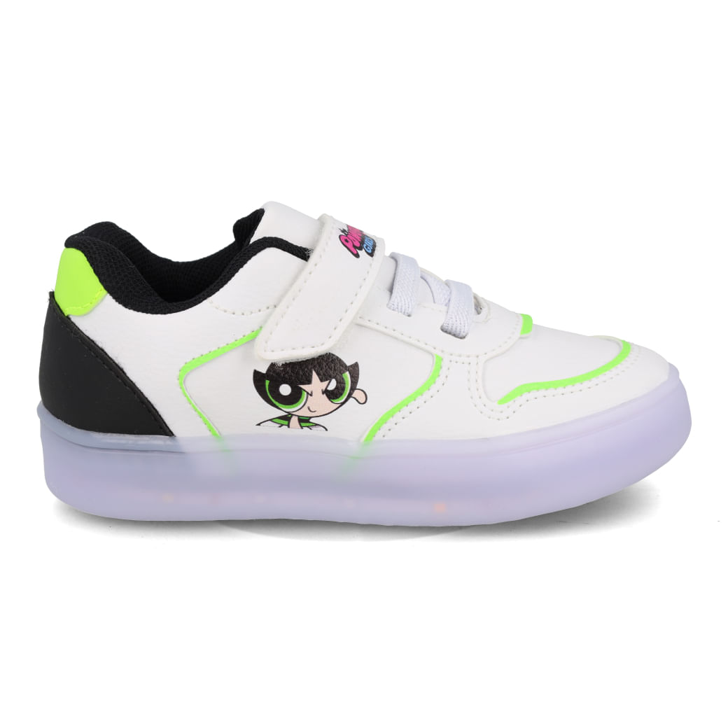 Tênis infantil feminino branco com detalhes verdes e pretos da marca Teste visto de lado
